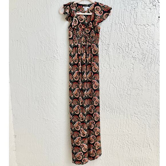 Nieves Lavi Cap Sleeve 100% Silk Paisley Print Maxi Dress Black Women's Size 0 - Picture 1 of 8